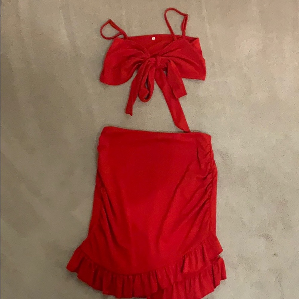 two piece red crop top and skirt set